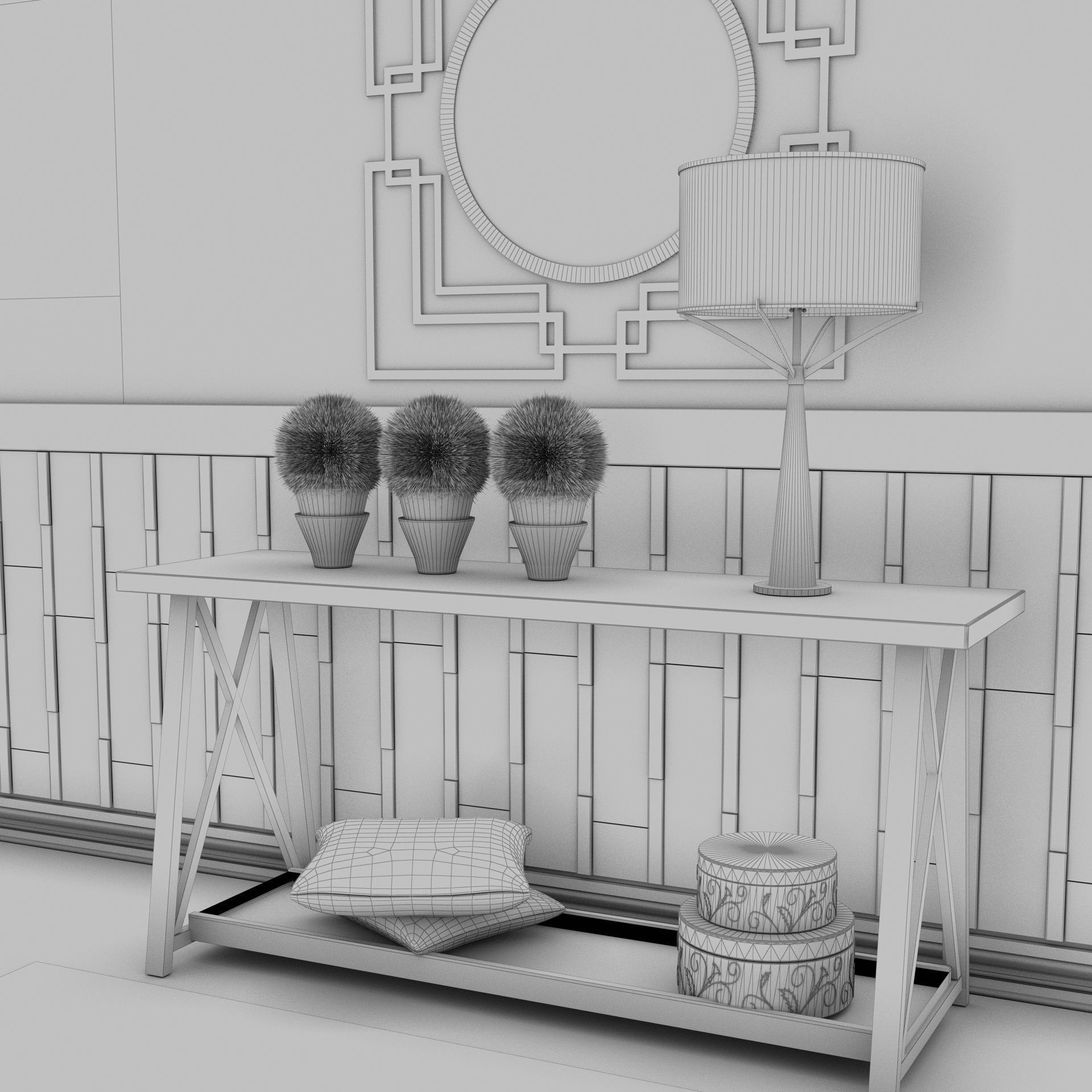 Living Room Wood Mirror Table Glass Metal Artdeco Set 3D model_16