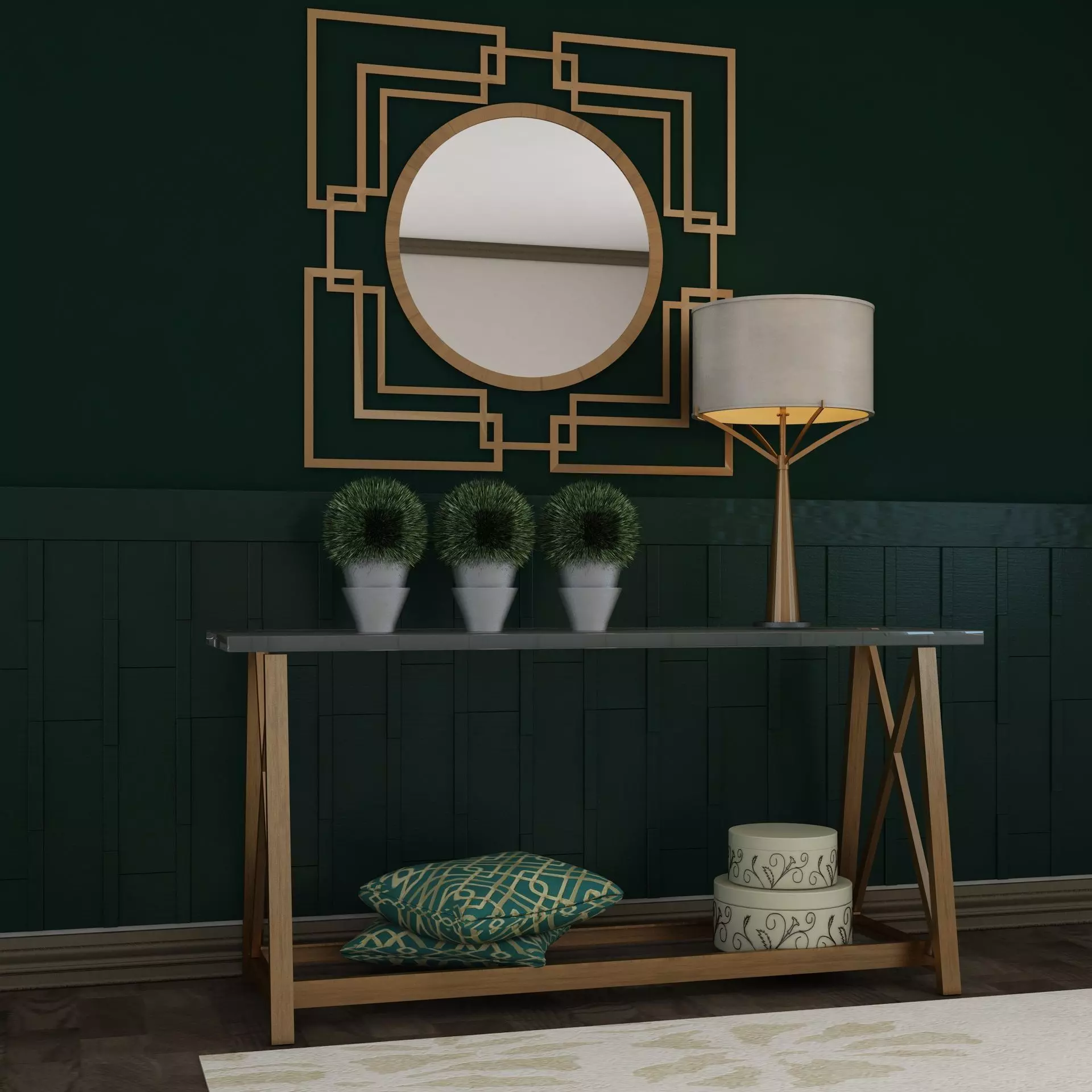 Living Room Wood Mirror Table Glass Metal Artdeco Set 3D model_0