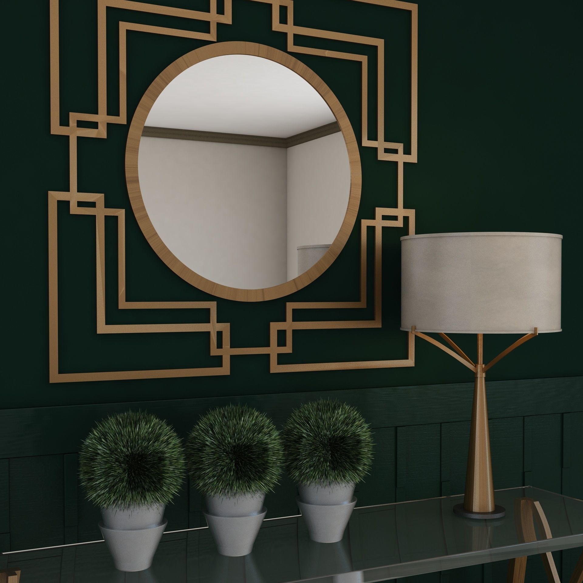 Living Room Wood Mirror Table Glass Metal Artdeco Set 3D model_2