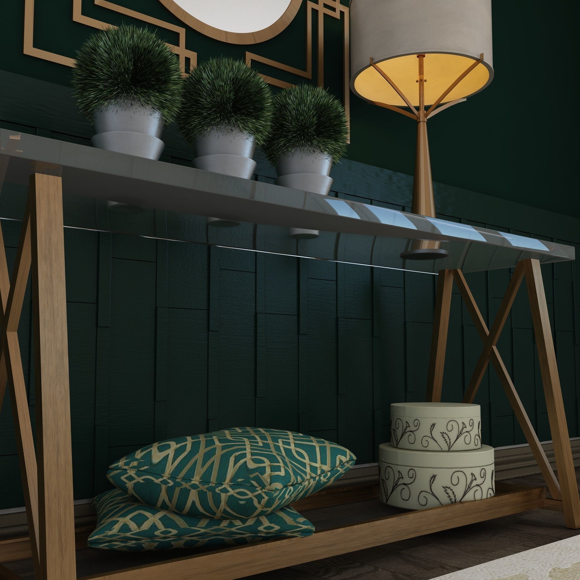 Living Room Wood Mirror Table Glass Metal Artdeco Set 3D model_8