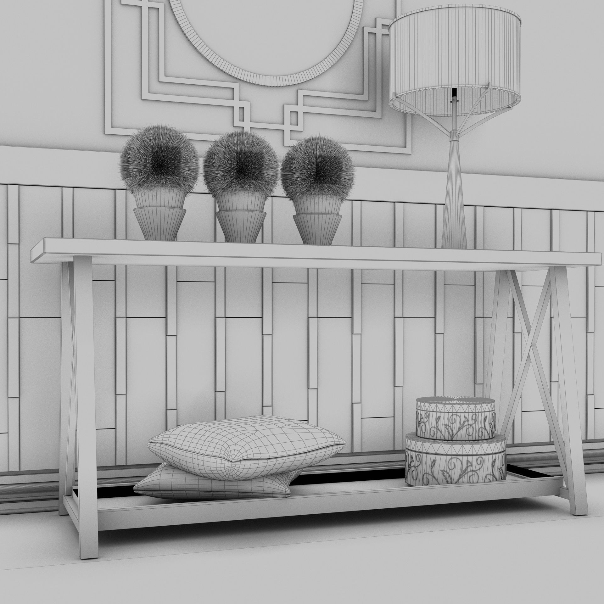 Living Room Wood Mirror Table Glass Metal Artdeco Set 3D model_14