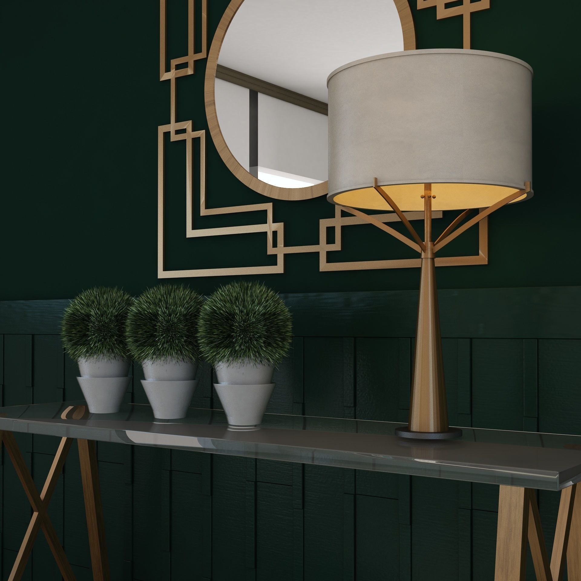 Living Room Wood Mirror Table Glass Metal Artdeco Set 3D model_3