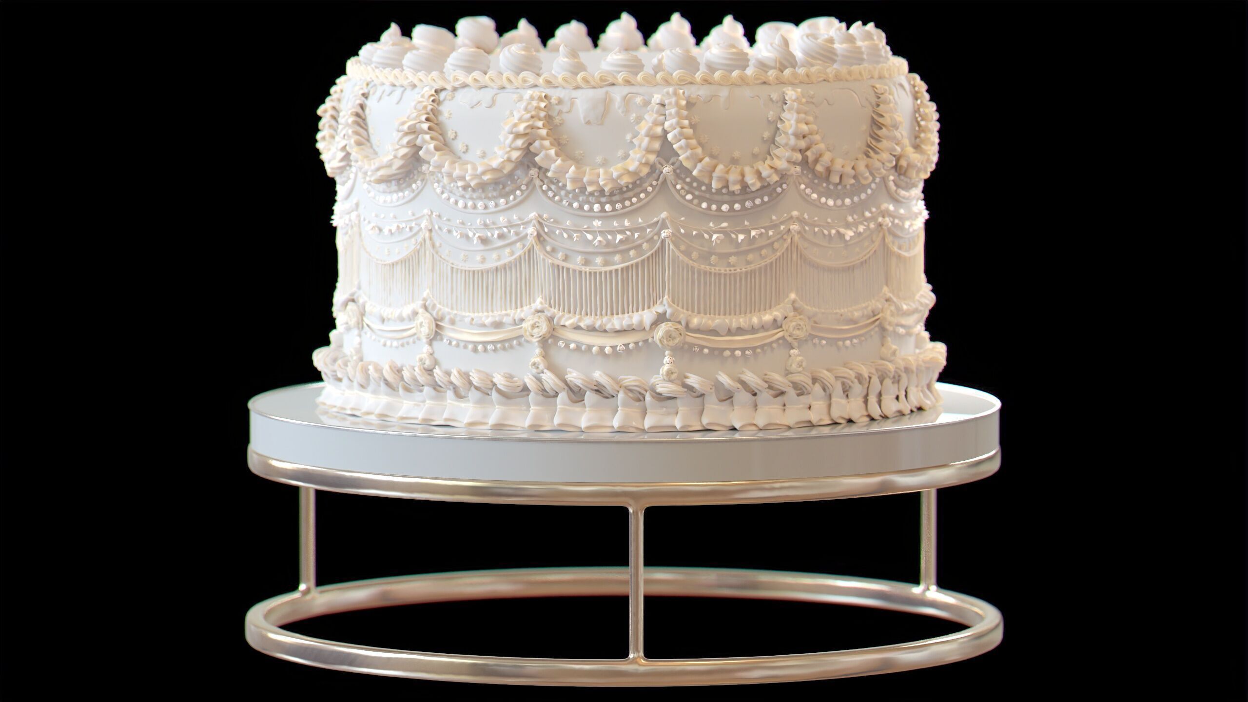 Royal White Wedding Cream Cake Pie 3D model_3