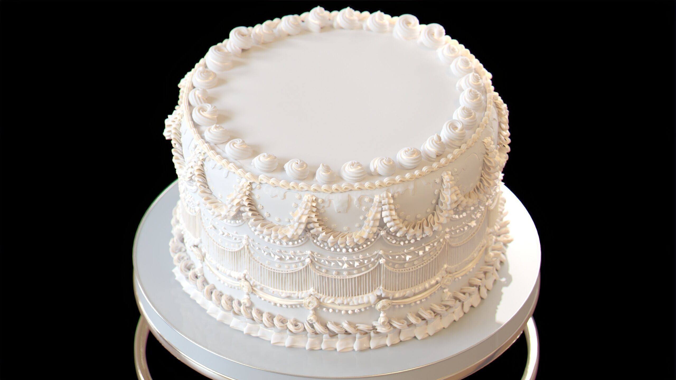 Royal White Wedding Cream Cake Pie 3D model_11