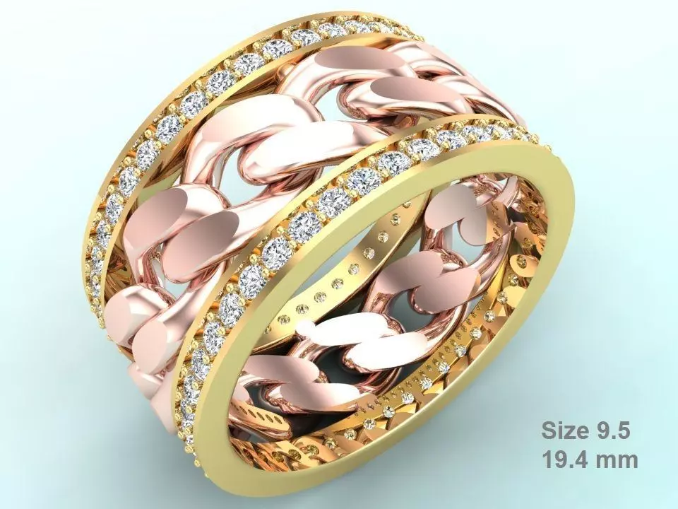 Chain Diamond ring - Miami Cuban ring - N8531 size 9 dot 5 3D print model_0