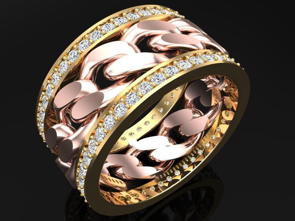 Chain Diamond ring - Miami Cuban ring - N8531 size 9 dot 5 3D print model_2