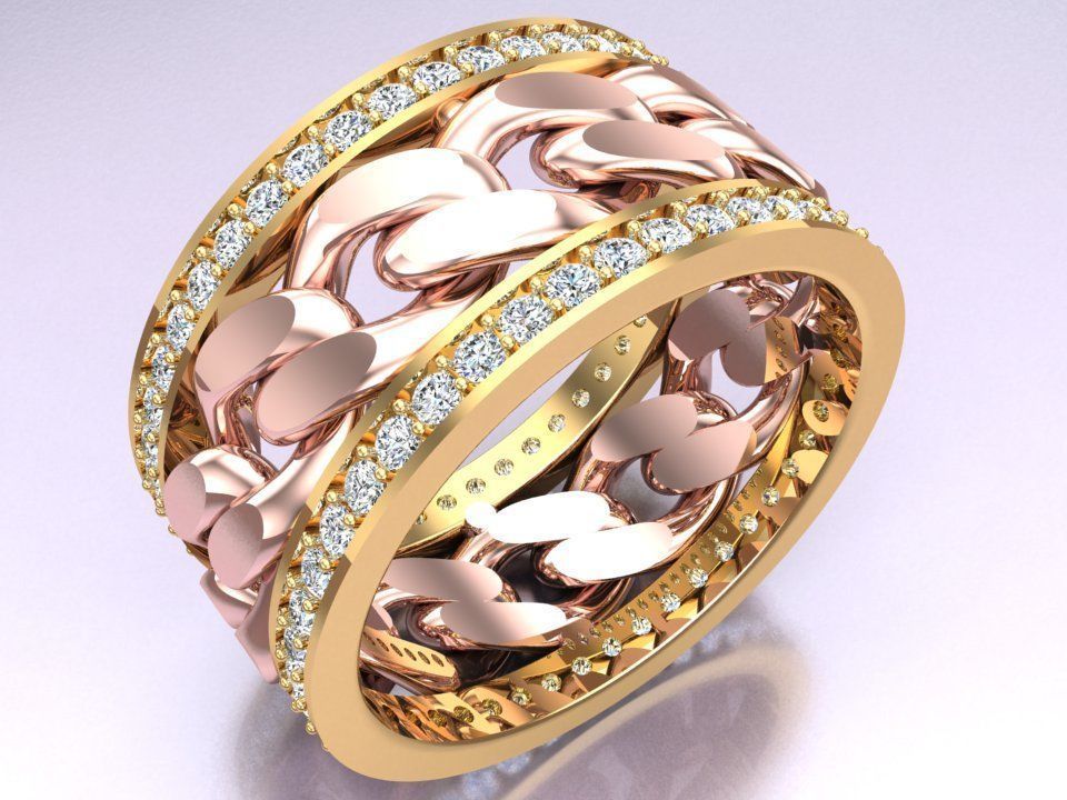 Chain Diamond ring - Miami Cuban ring - N8531 size 9 dot 5 3D print model_3