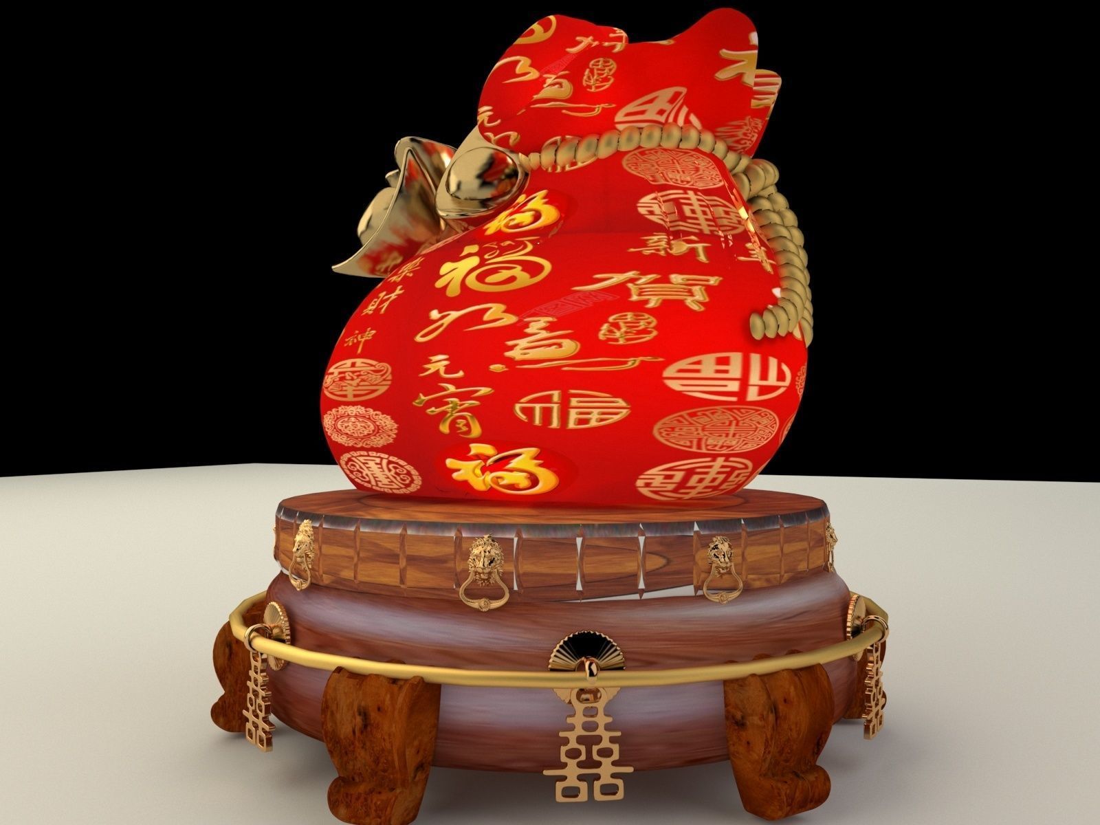 Chinese gold ingot moneybag with display stand  3D model_3