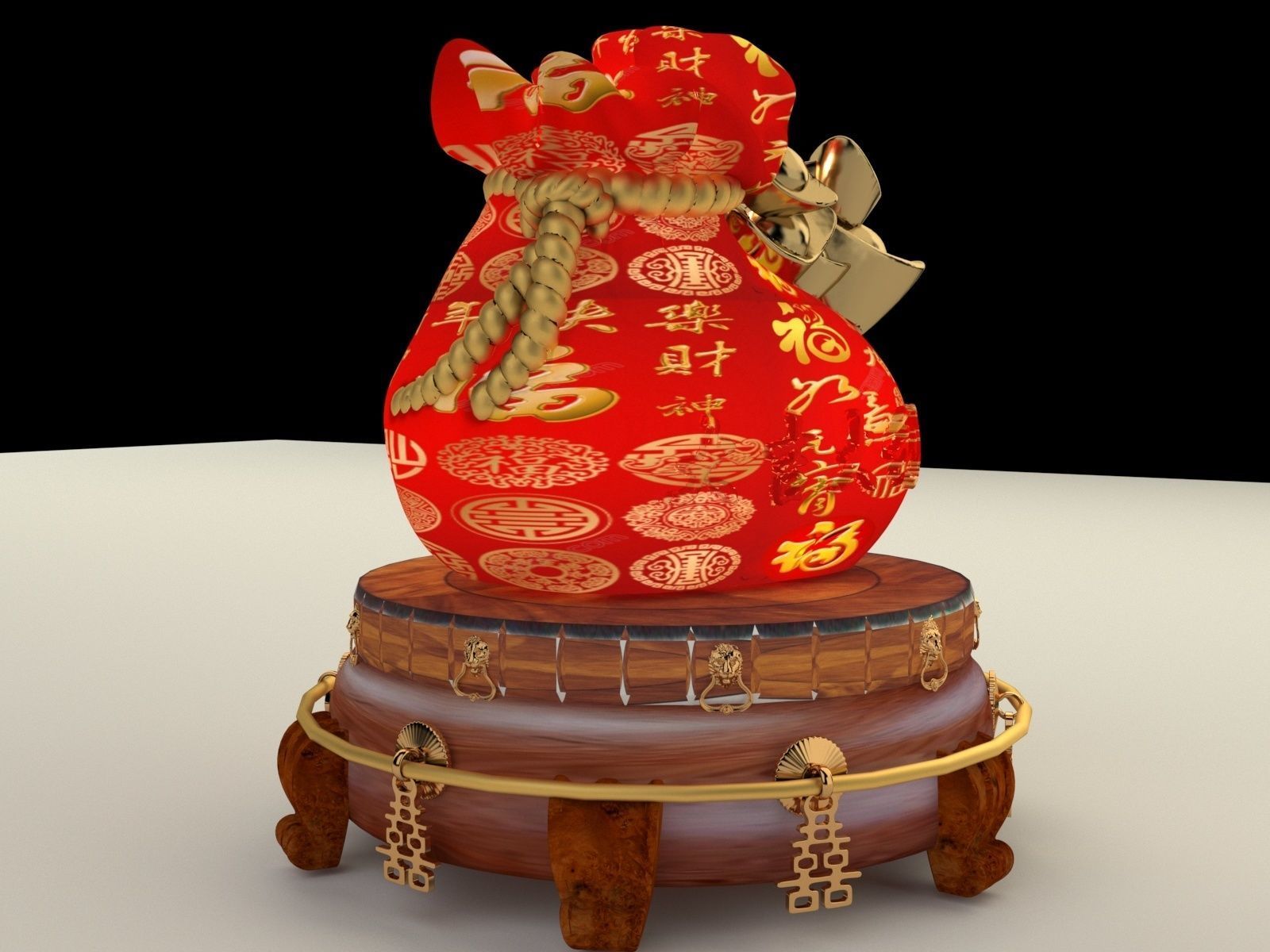 Chinese gold ingot moneybag with display stand  3D model_2