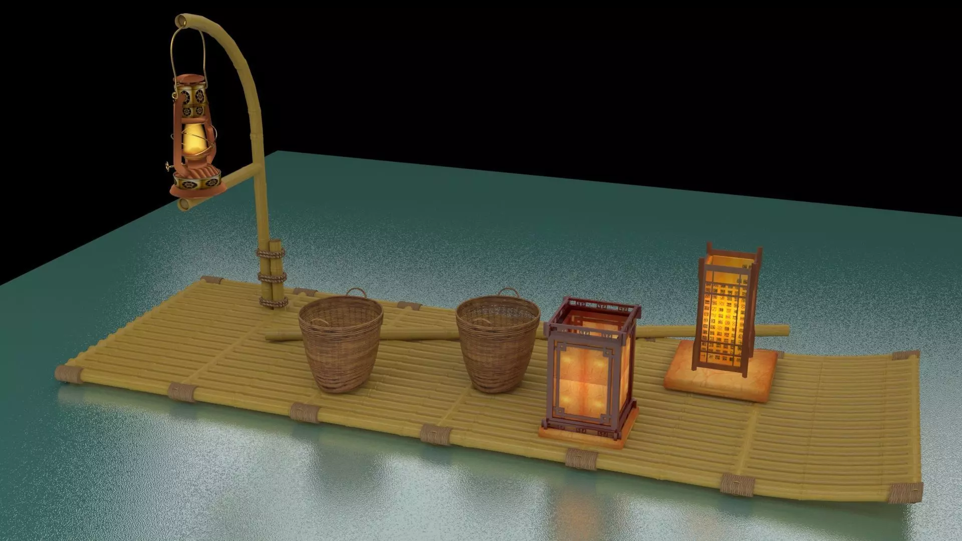 Chinese fishing raft wirh oil lantern 3D model_0