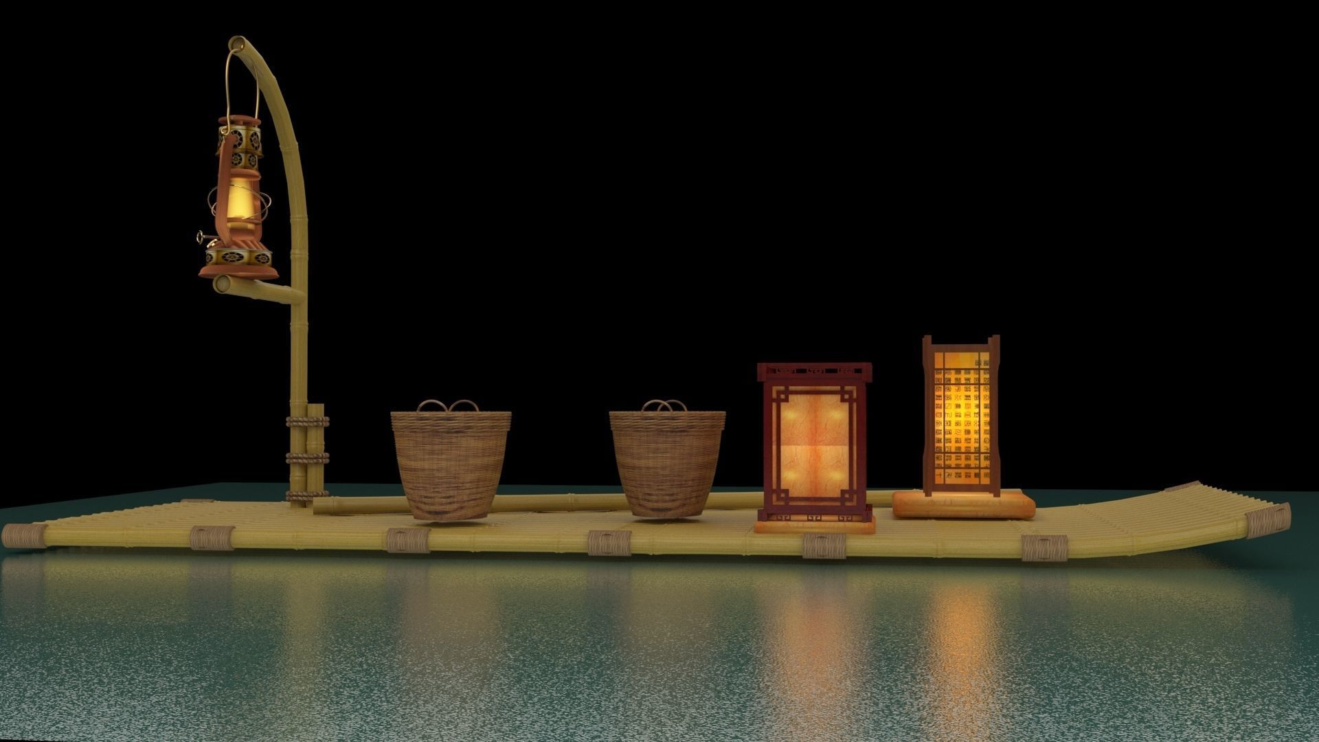 Chinese fishing raft wirh oil lantern 3D model_2