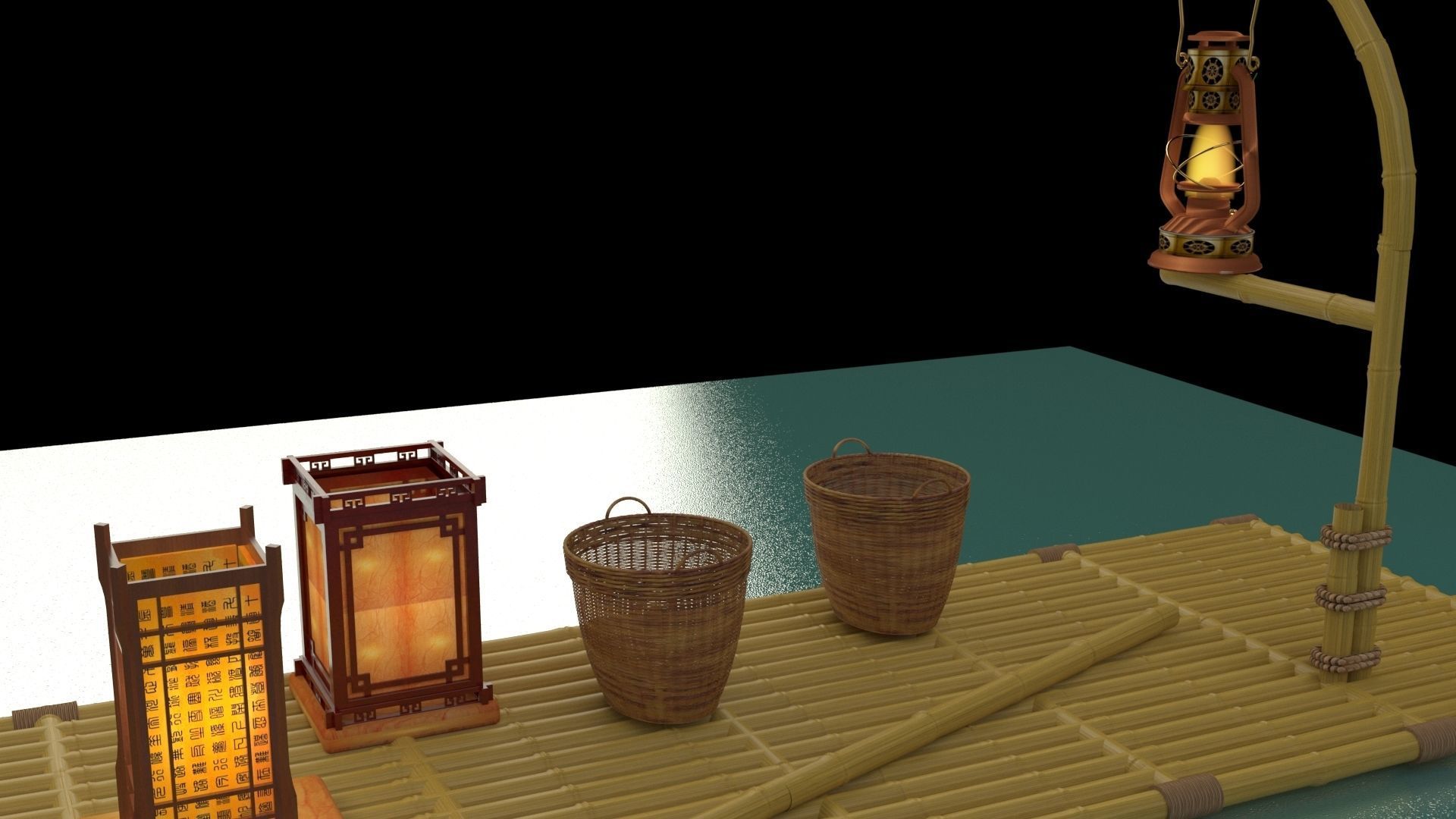 Chinese fishing raft wirh oil lantern 3D model_3