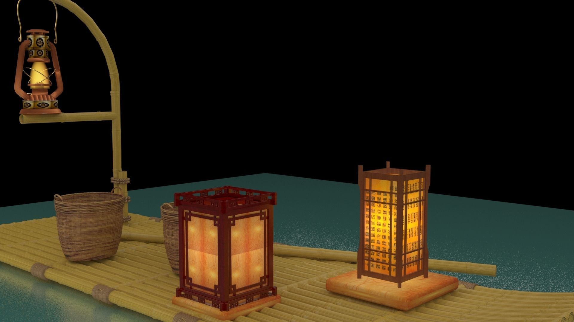 Chinese fishing raft wirh oil lantern 3D model_4