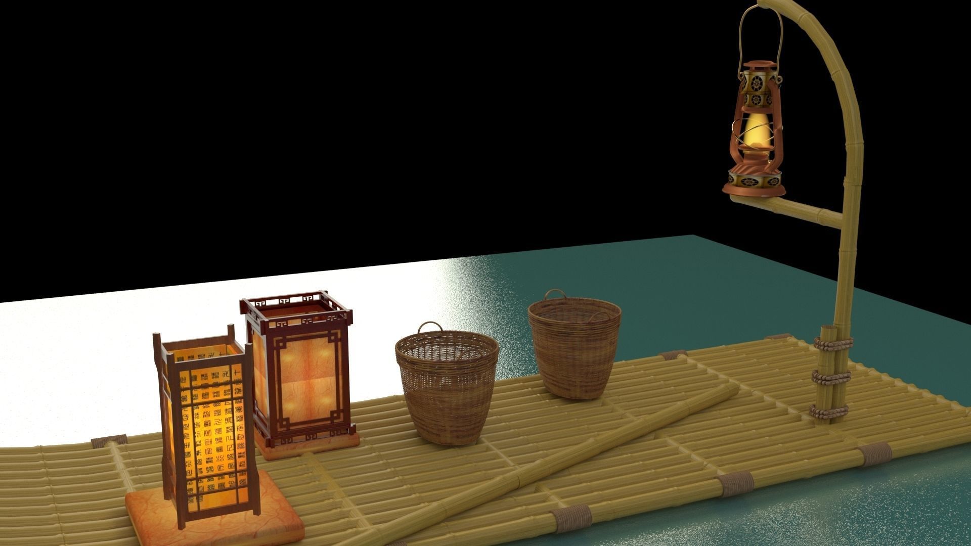 Chinese fishing raft wirh oil lantern 3D model_1