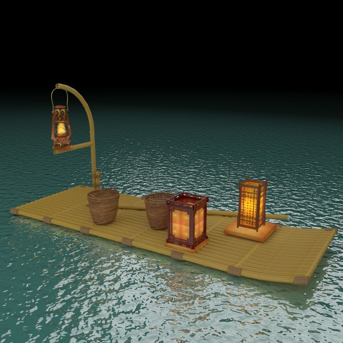 Chinese fishing raft wirh oil lantern 3D model_6