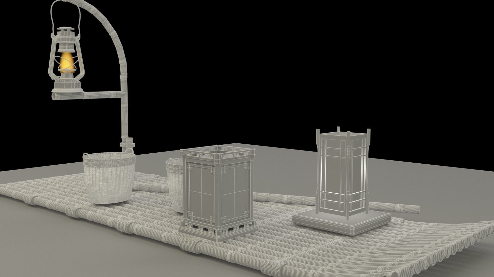 Chinese fishing raft wirh oil lantern 3D model_5