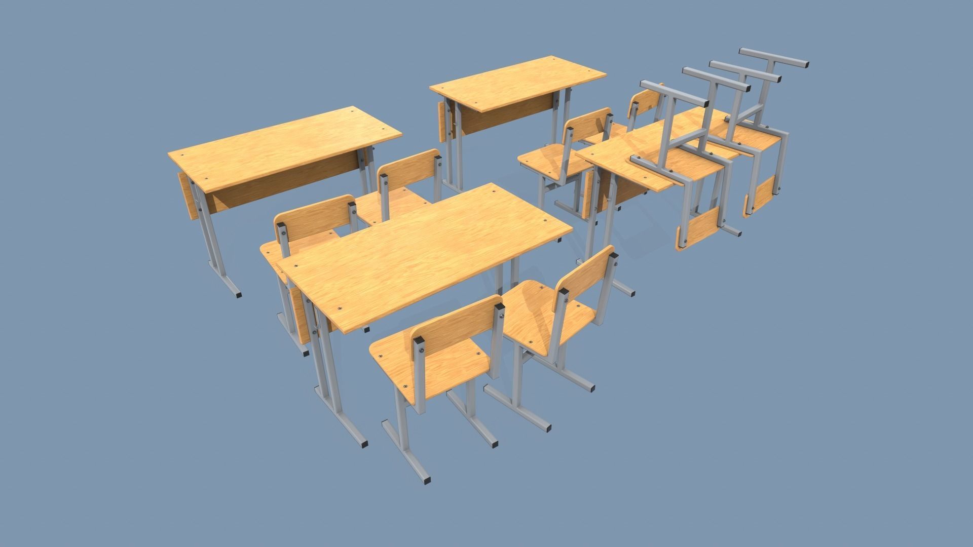 School Desk and Chair Low-poly 3D model_10