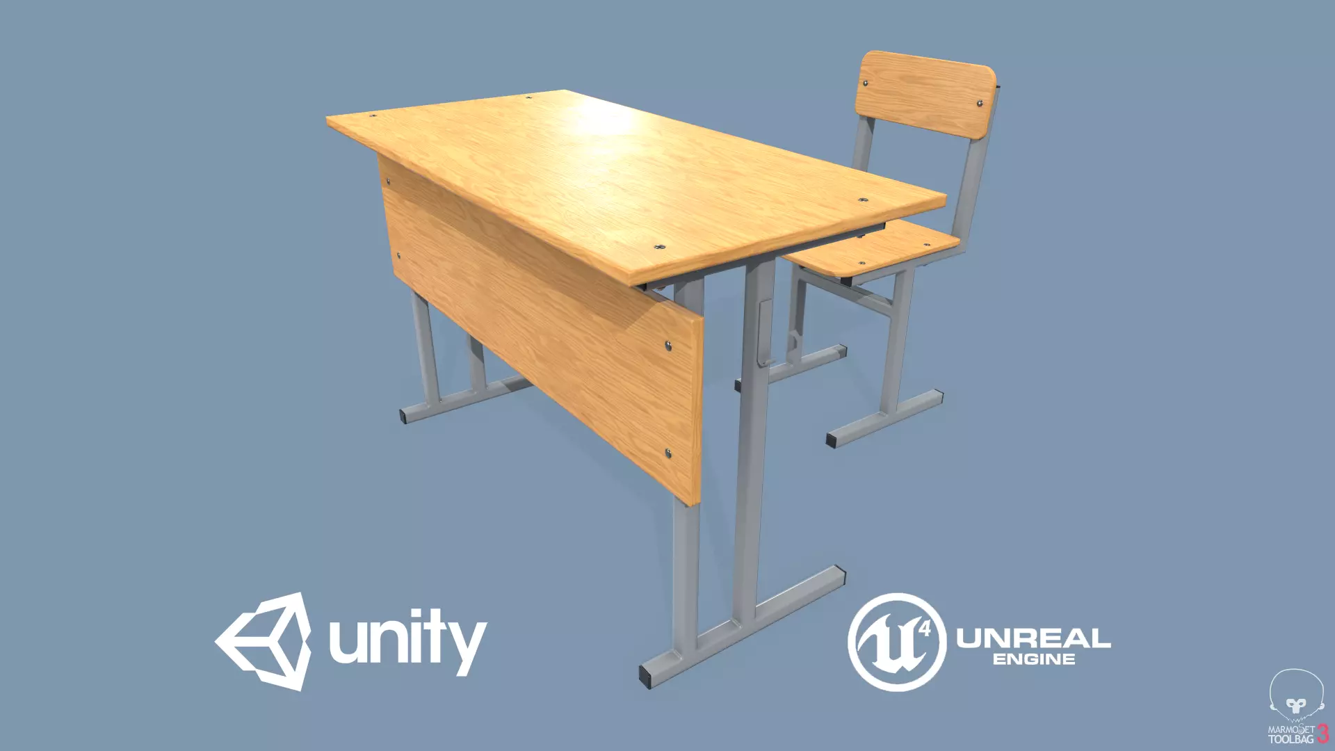 School Desk and Chair Low-poly 3D model_0