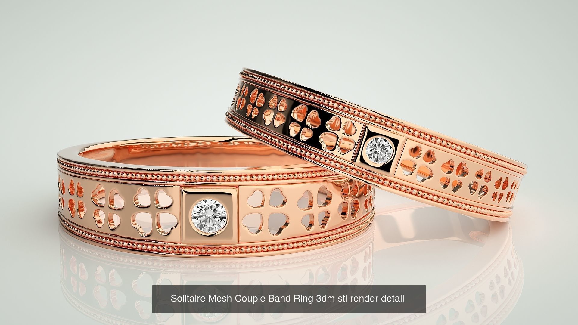 88 Wave Mesh Plain and Solitaire Gold Couple Band Ring 3dm stl 3D Model Collection_8