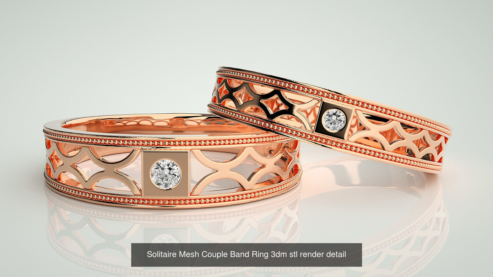 88 Wave Mesh Plain and Solitaire Gold Couple Band Ring 3dm stl 3D Model Collection_43