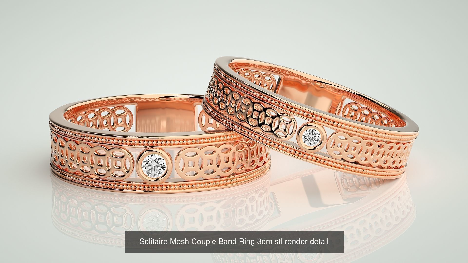 88 Wave Mesh Plain and Solitaire Gold Couple Band Ring 3dm stl 3D Model Collection_62