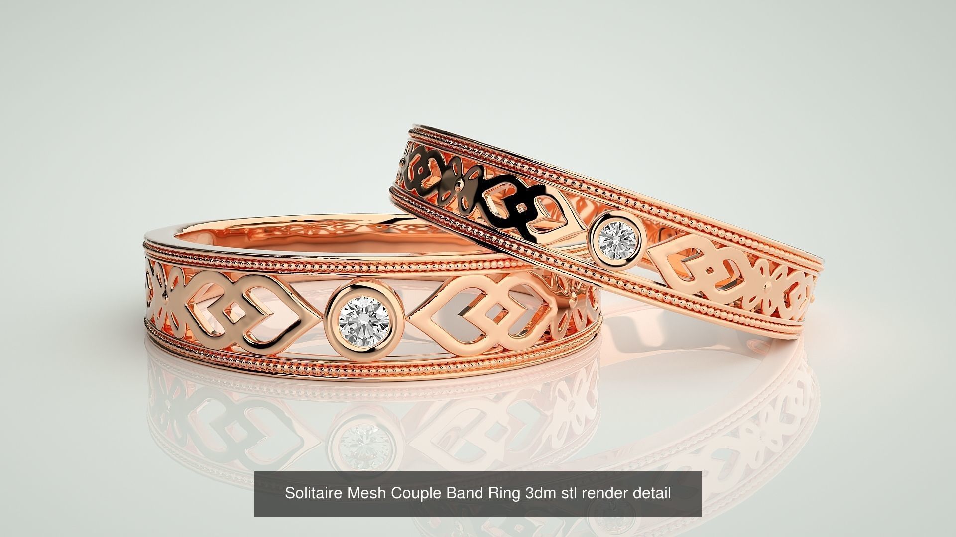 88 Wave Mesh Plain and Solitaire Gold Couple Band Ring 3dm stl 3D Model Collection_55