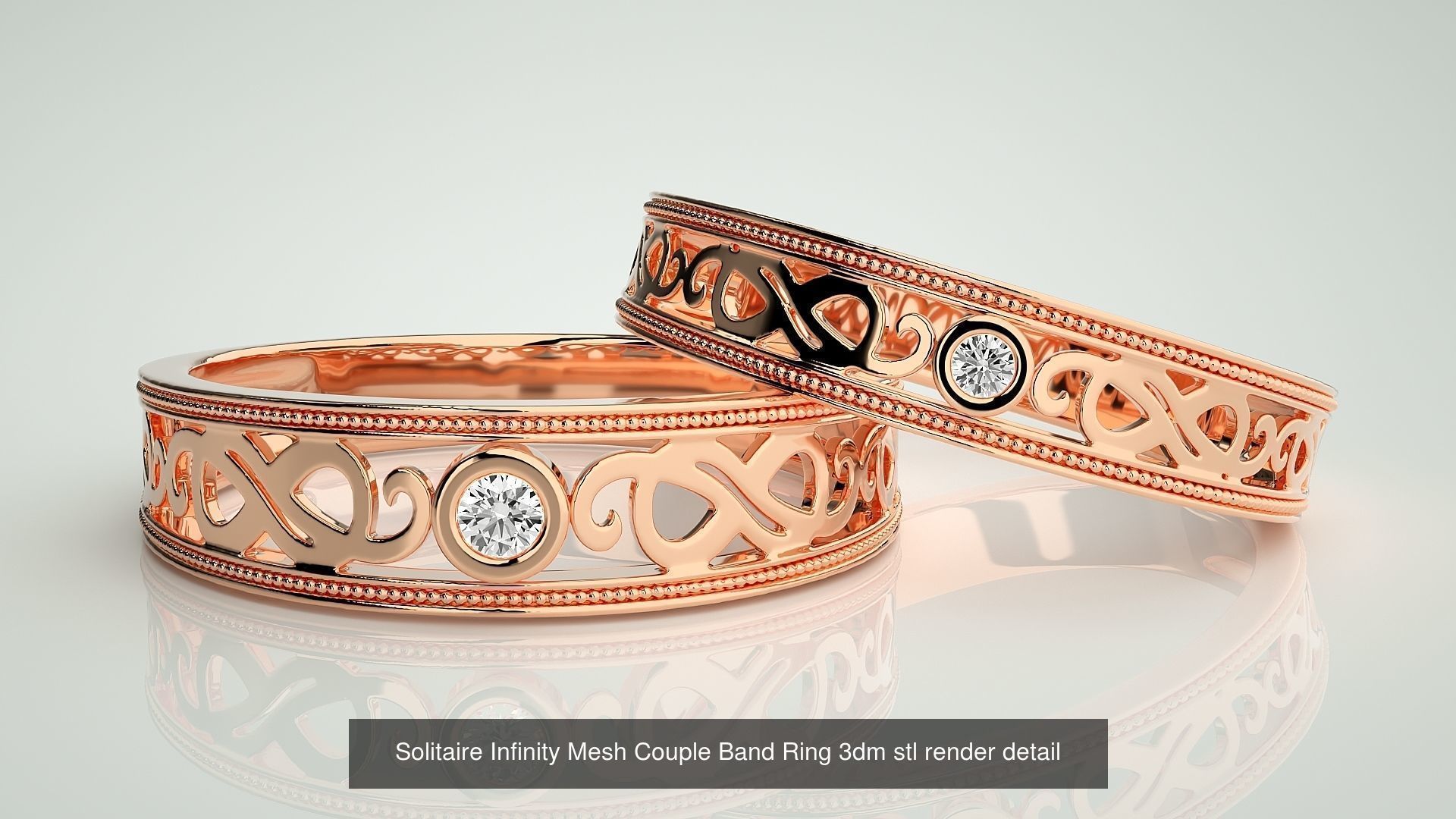 88 Wave Mesh Plain and Solitaire Gold Couple Band Ring 3dm stl 3D Model Collection_45