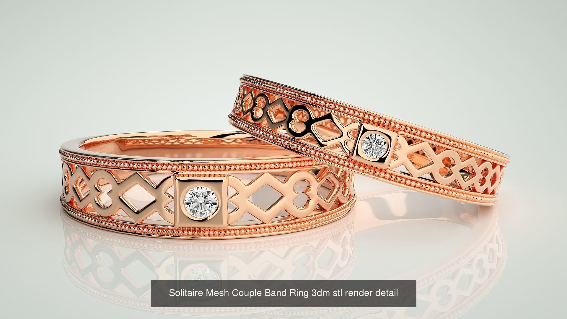 88 Wave Mesh Plain and Solitaire Gold Couple Band Ring 3dm stl 3D Model Collection_92