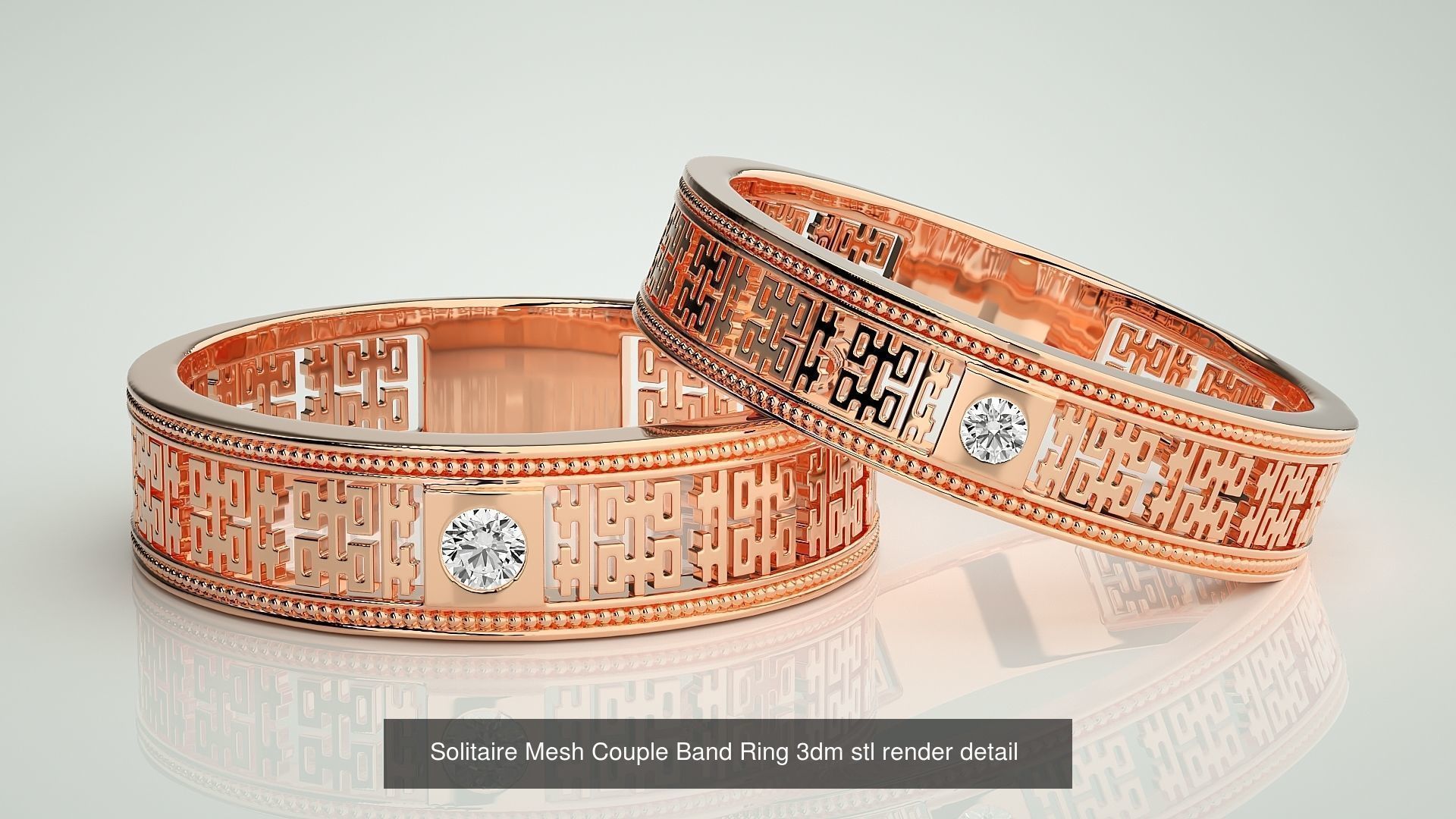 88 Wave Mesh Plain and Solitaire Gold Couple Band Ring 3dm stl 3D Model Collection_33