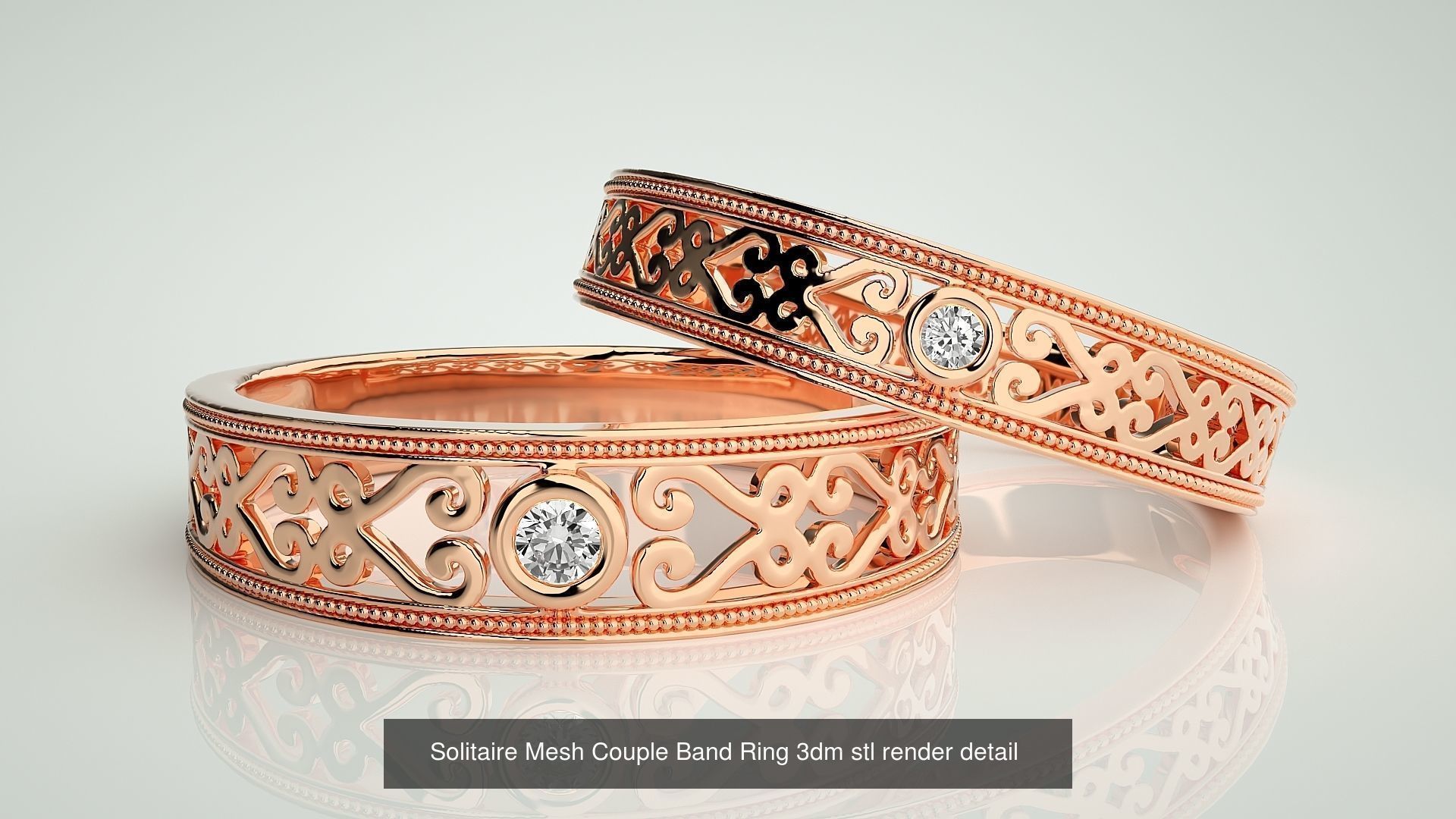 88 Wave Mesh Plain and Solitaire Gold Couple Band Ring 3dm stl 3D Model Collection_15