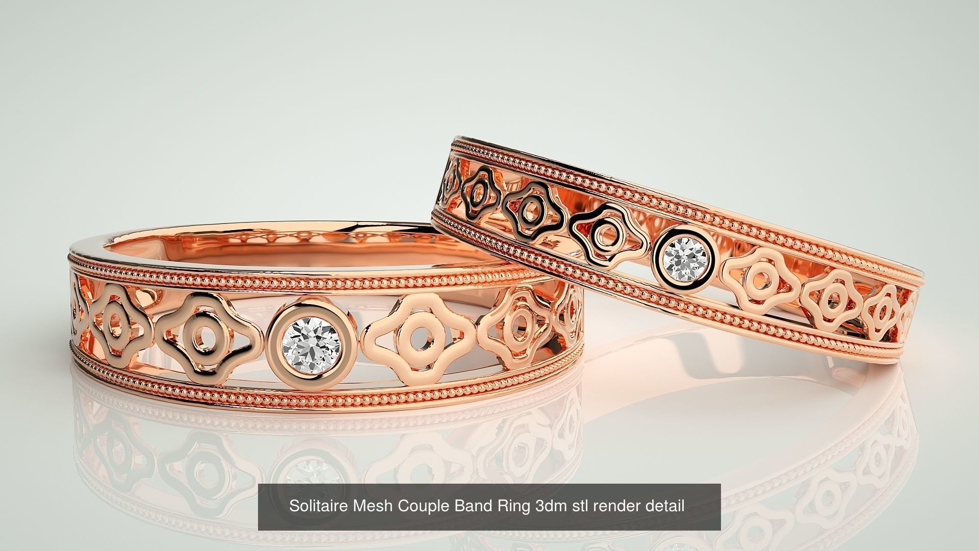 88 Wave Mesh Plain and Solitaire Gold Couple Band Ring 3dm stl 3D Model Collection_14