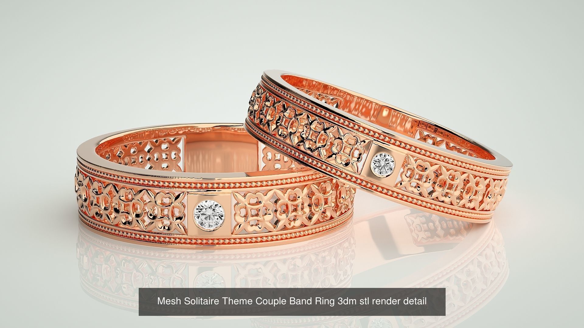 88 Wave Mesh Plain and Solitaire Gold Couple Band Ring 3dm stl 3D Model Collection_63