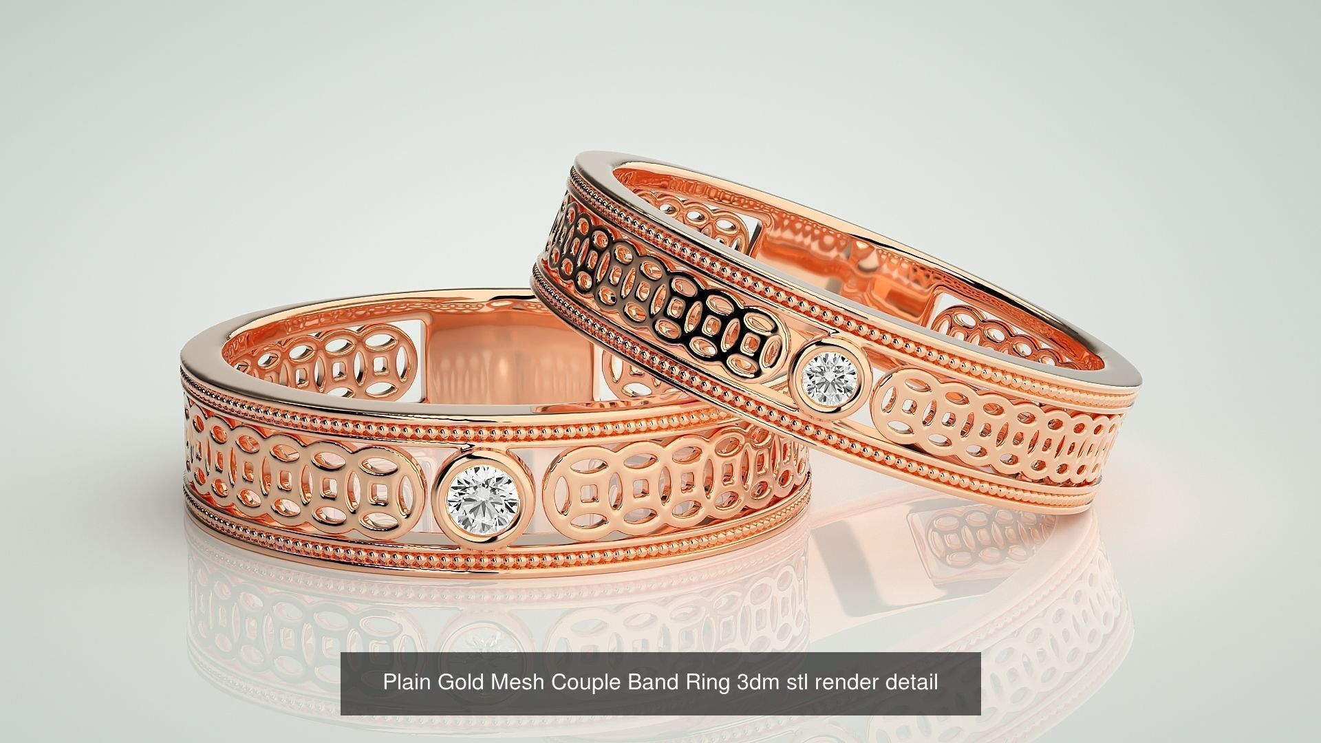 88 Wave Mesh Plain and Solitaire Gold Couple Band Ring 3dm stl 3D Model Collection_72