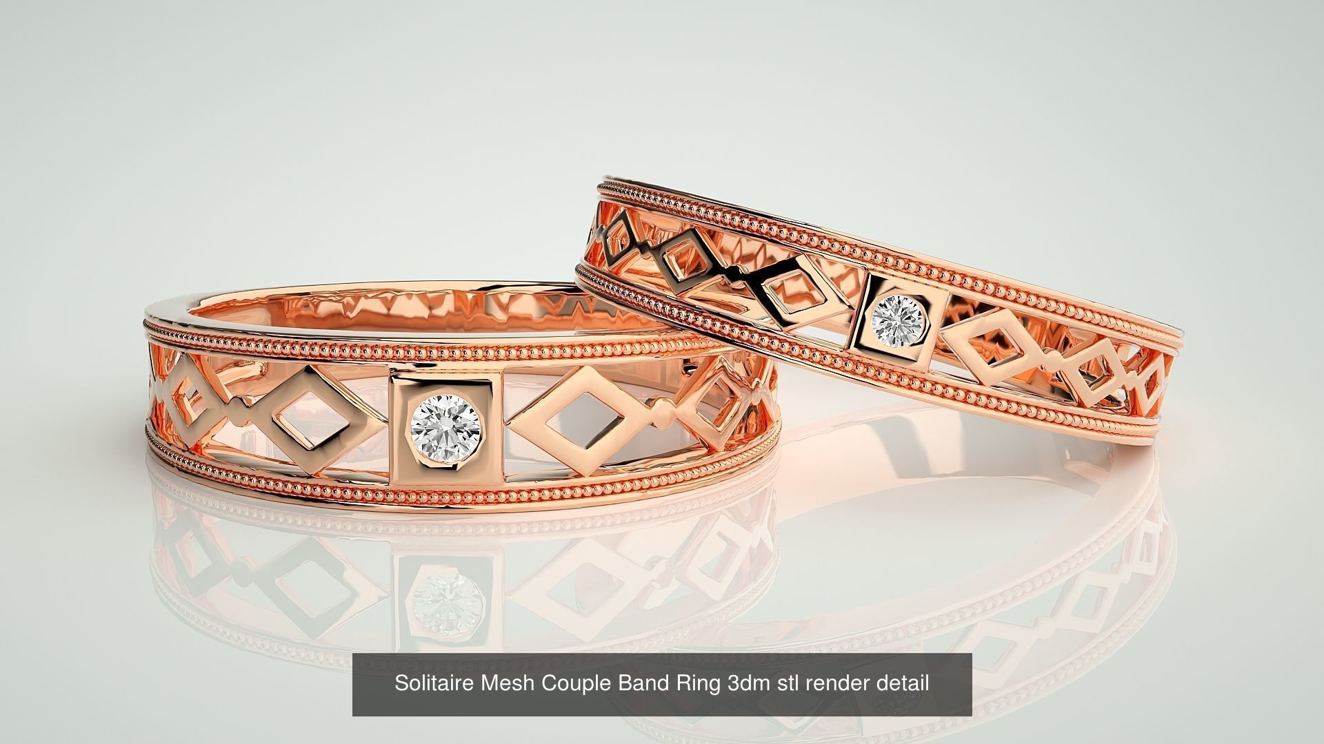 88 Wave Mesh Plain and Solitaire Gold Couple Band Ring 3dm stl 3D Model Collection_70