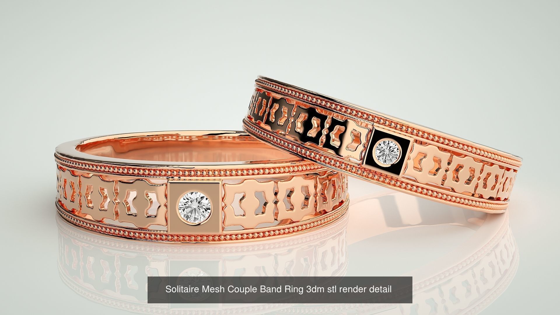 88 Wave Mesh Plain and Solitaire Gold Couple Band Ring 3dm stl 3D Model Collection_32