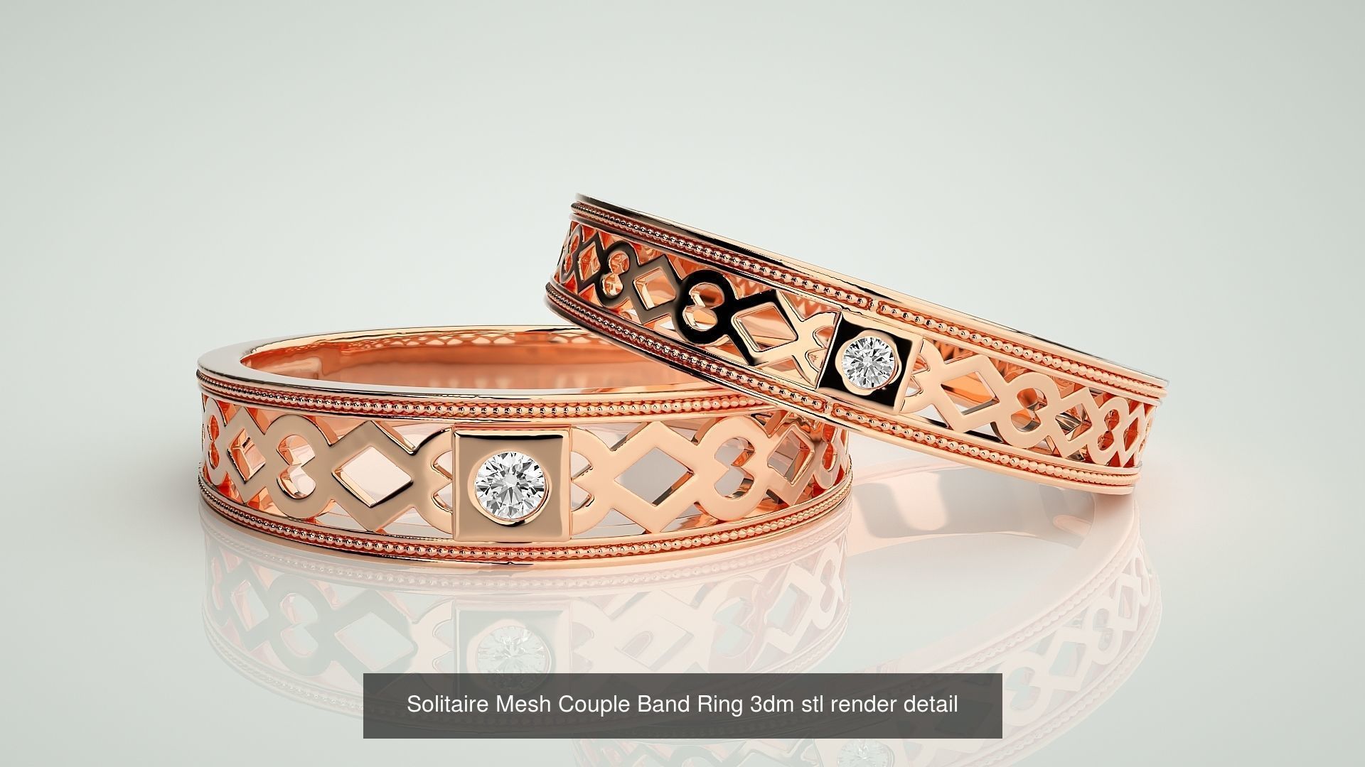 88 Wave Mesh Plain and Solitaire Gold Couple Band Ring 3dm stl 3D Model Collection_59