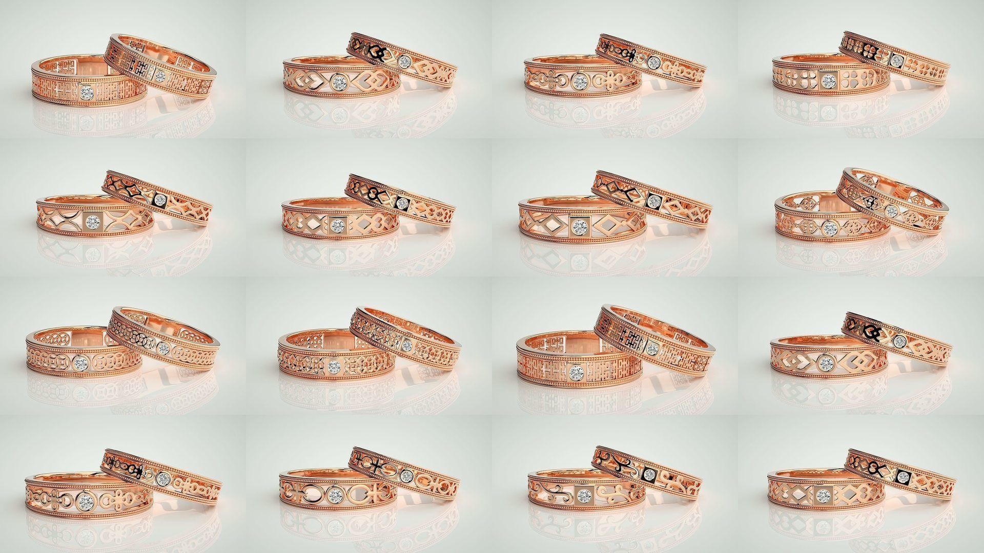 88 Wave Mesh Plain and Solitaire Gold Couple Band Ring 3dm stl 3D Model Collection_3