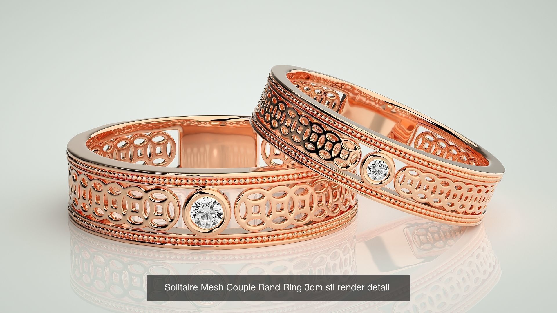 88 Wave Mesh Plain and Solitaire Gold Couple Band Ring 3dm stl 3D Model Collection_19