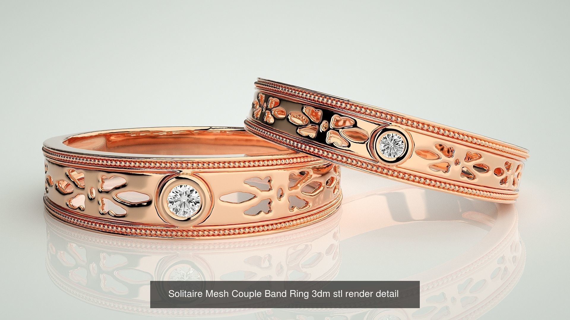 88 Wave Mesh Plain and Solitaire Gold Couple Band Ring 3dm stl 3D Model Collection_6