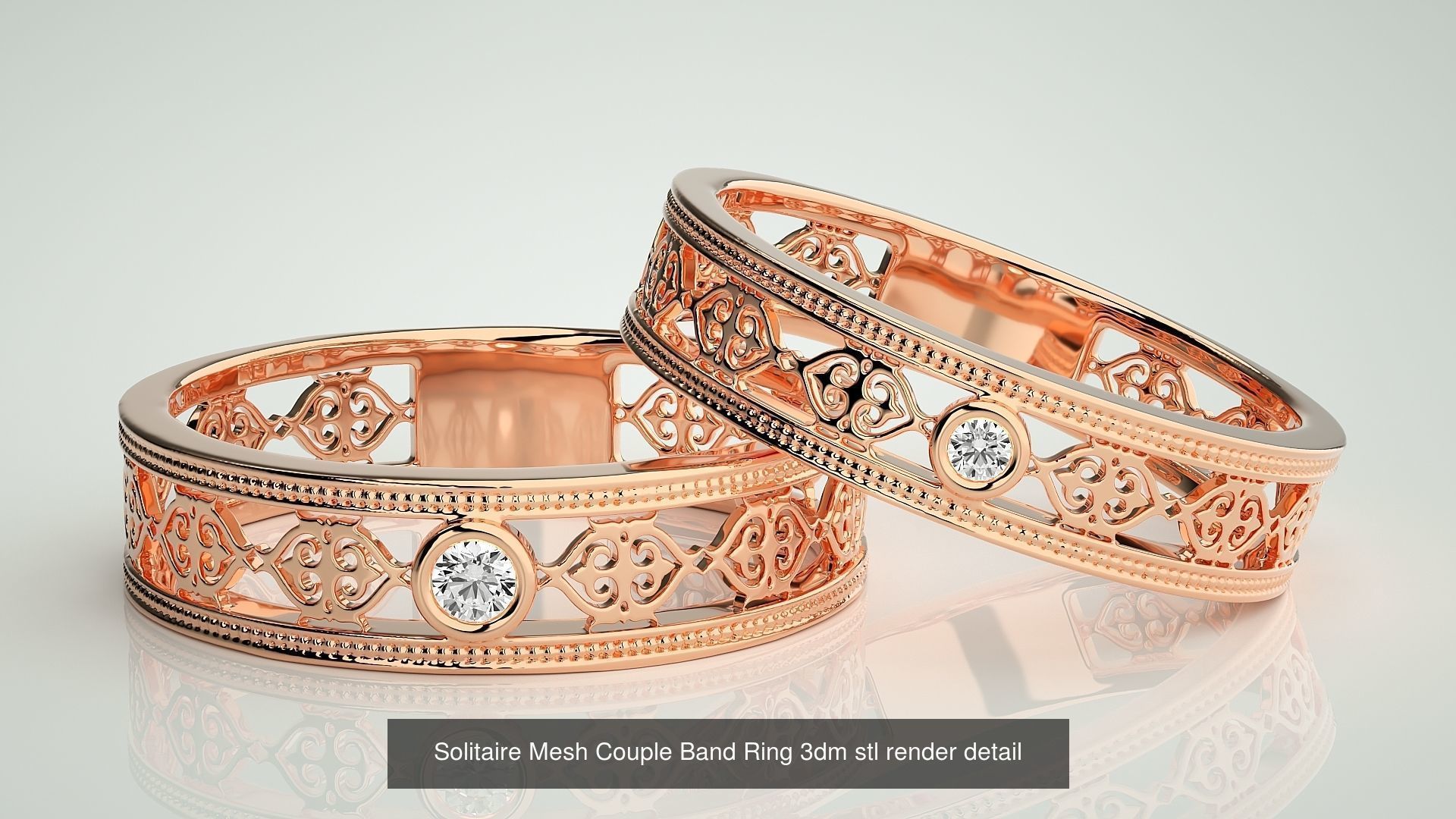 88 Wave Mesh Plain and Solitaire Gold Couple Band Ring 3dm stl 3D Model Collection_12