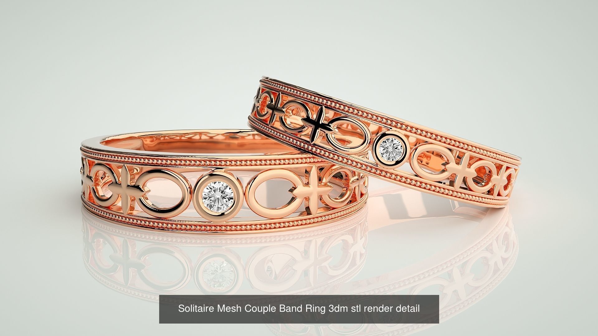 88 Wave Mesh Plain and Solitaire Gold Couple Band Ring 3dm stl 3D Model Collection_67