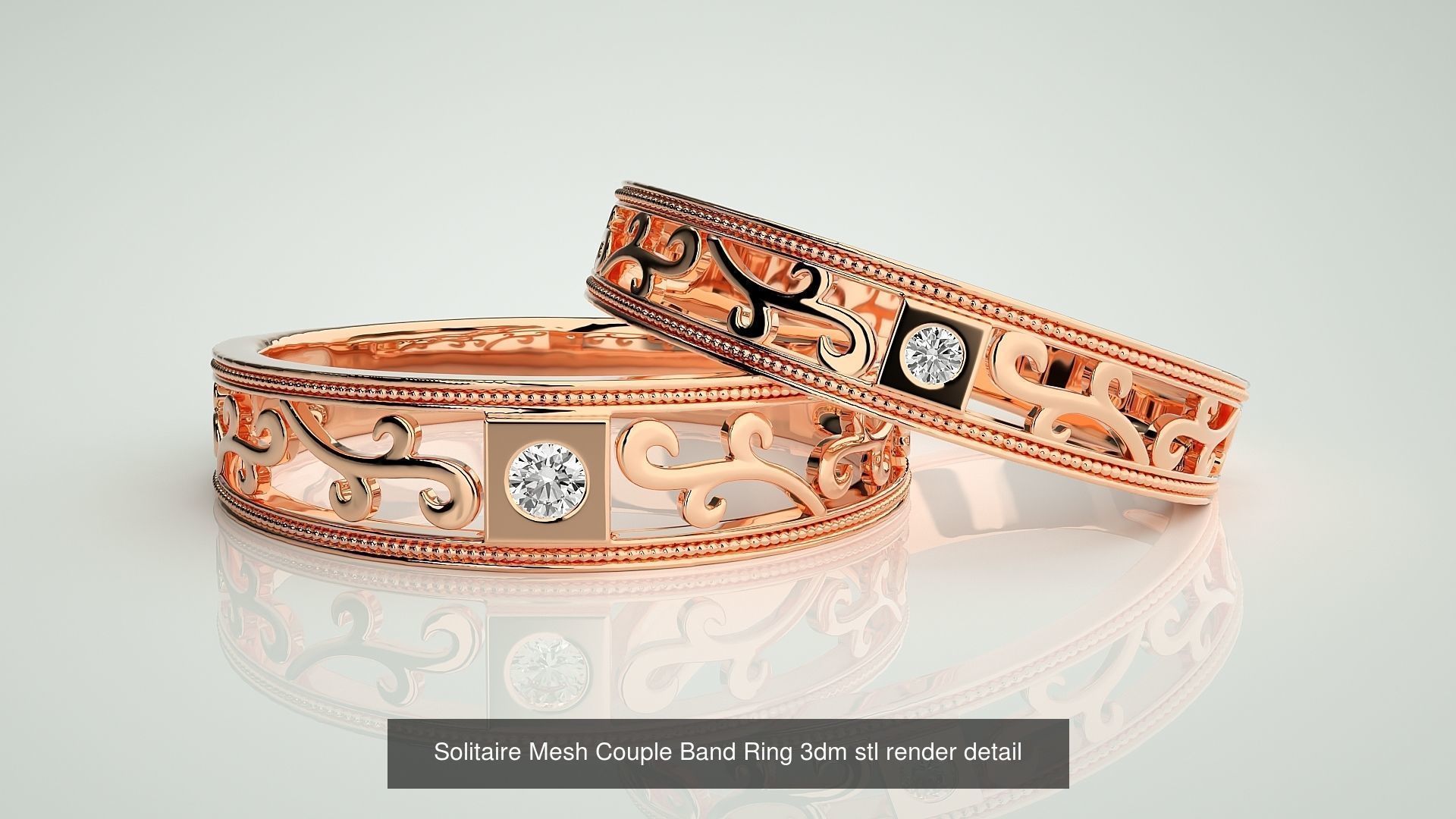 88 Wave Mesh Plain and Solitaire Gold Couple Band Ring 3dm stl 3D Model Collection_68