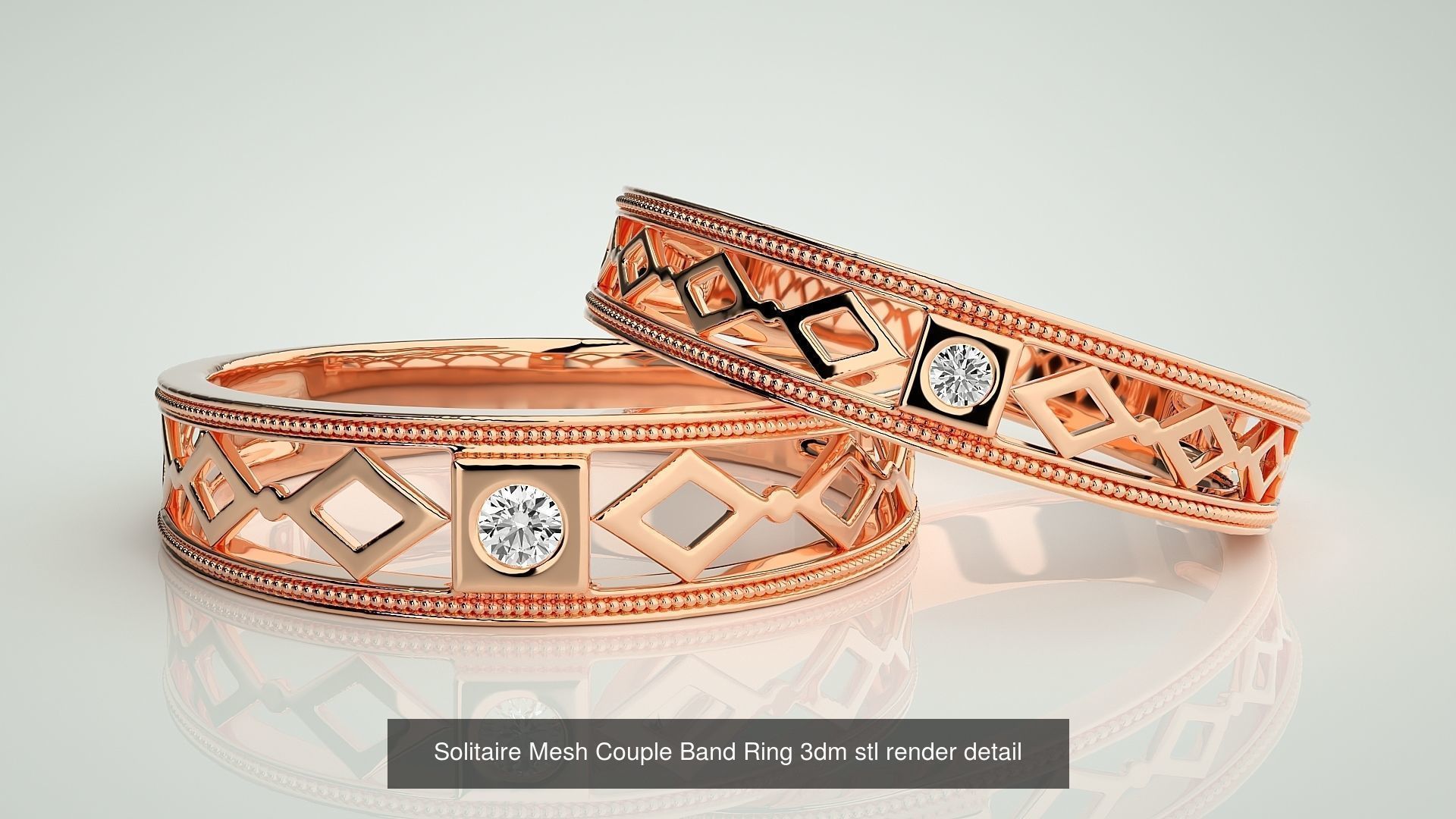 88 Wave Mesh Plain and Solitaire Gold Couple Band Ring 3dm stl 3D Model Collection_60