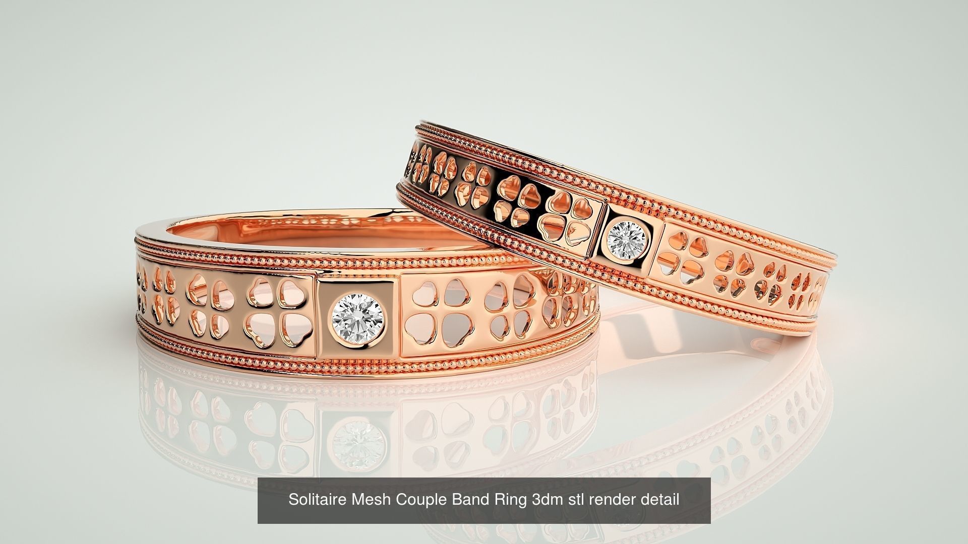 88 Wave Mesh Plain and Solitaire Gold Couple Band Ring 3dm stl 3D Model Collection_57