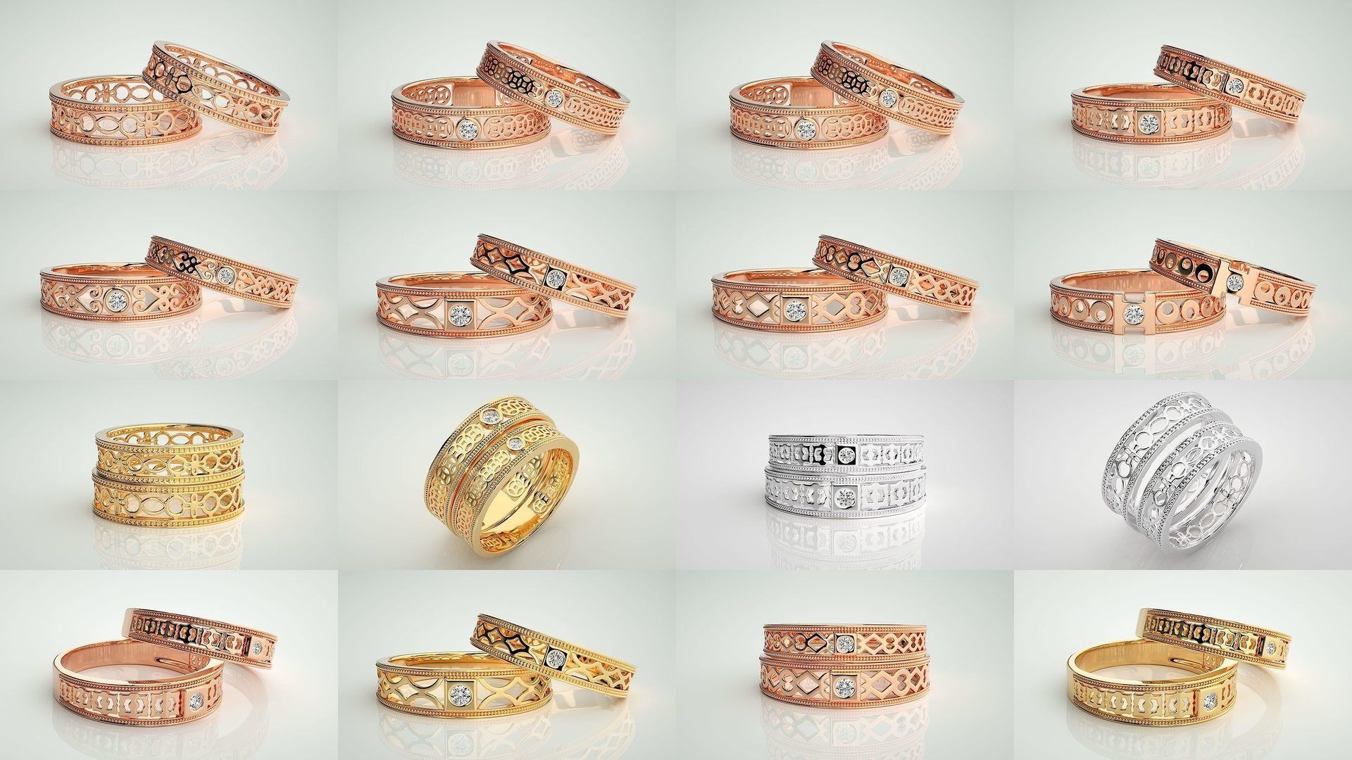 88 Wave Mesh Plain and Solitaire Gold Couple Band Ring 3dm stl 3D Model Collection_5