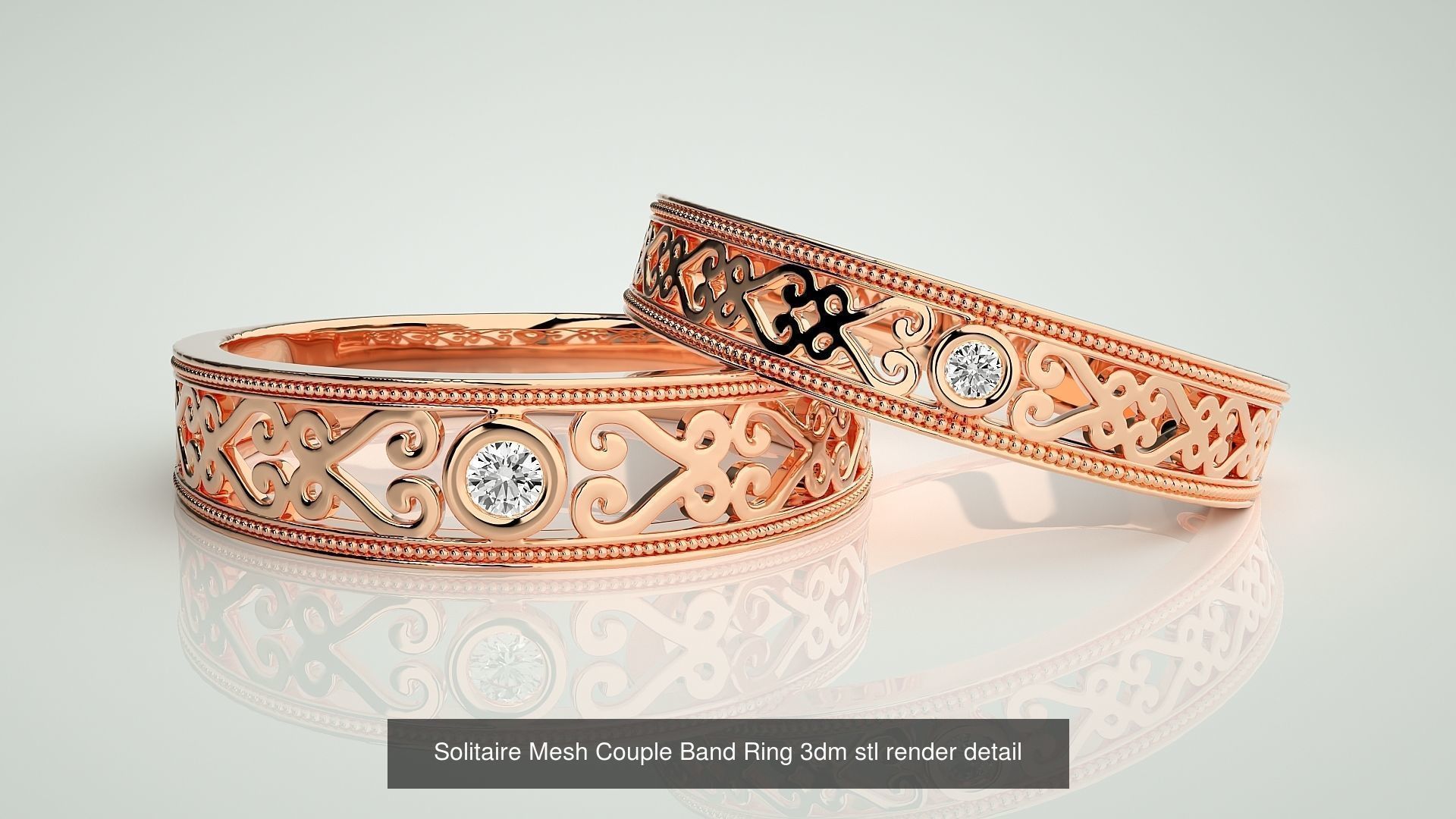 88 Wave Mesh Plain and Solitaire Gold Couple Band Ring 3dm stl 3D Model Collection_77