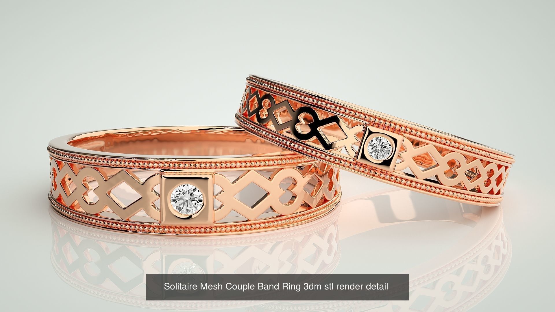 88 Wave Mesh Plain and Solitaire Gold Couple Band Ring 3dm stl 3D Model Collection_10