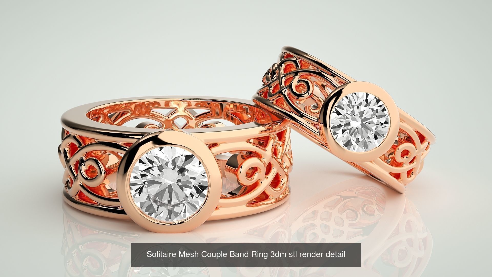 88 Wave Mesh Plain and Solitaire Gold Couple Band Ring 3dm stl 3D Model Collection_25