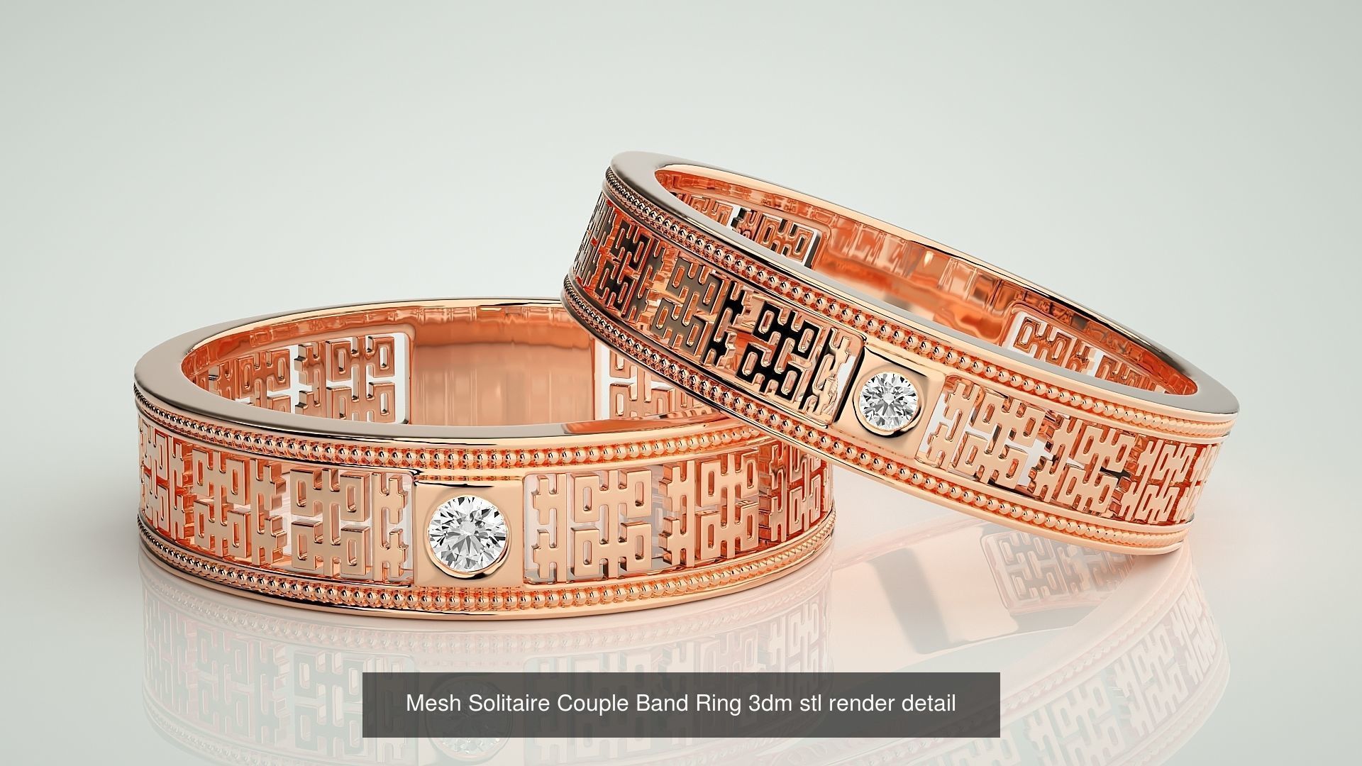 88 Wave Mesh Plain and Solitaire Gold Couple Band Ring 3dm stl 3D Model Collection_64