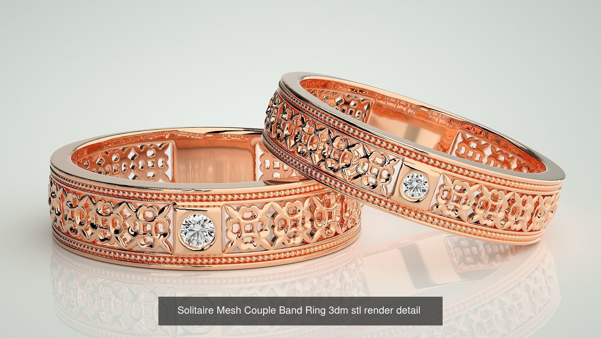 88 Wave Mesh Plain and Solitaire Gold Couple Band Ring 3dm stl 3D Model Collection_21